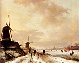 Famous Frozen Paintings - Winter a huntsman passing woodmills on a snowy track, skaters on a frozen river beyond